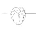 One continuous line drawing of old retro classic iconic logo lips and tongue from 80s era. Vintage icon item concept single line