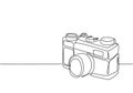 One continuous line drawing of old vintage analog pocket camera, side view. Retro classic photography equipment concept single