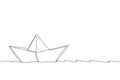 One continuous line drawing of paper boat sailing on the water river. Origami craft concept. Dynamic single line draw design