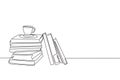 One continuous line drawing of pile of books and a cup of coffee on office desk. Work space table with books stack concept