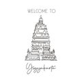 One continuous line drawing Prambanan Temple landmark. World iconic place in Jogjakarta, Indonesia. Holiday vacation wall decor