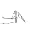 One continuous line drawing of professional ice hockey player hit the puck and attack on ice rink arena isolated on white Royalty Free Stock Photo