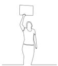 One continuous line drawing of a protester. A standing man in demonstration holding a blank paper roll to aspirate his voice.