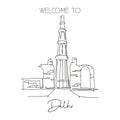 One continuous line drawing Qutub Minar mosque landmark. Holy islamic place in Delhi, India. Holiday vacation home wall decor