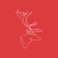 One continuous line drawing of Reindeer Christmas sign. Deer head on red background. Vector illustration.