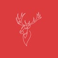 One continuous line drawing of Reindeer Christmas sign. Deer head on red background. Vector illustration.