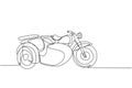 One continuous line drawing of retro old vintage motorcycle with sidecar. Classic motorbike transportation concept single line