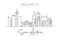 One continuous line drawing of San Antonio city skyline, USA. Beautiful landmark. World landscape tourism travel vacation poster.