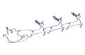 One continuous line drawing Santa Claus on reindeer and sled. Royalty Free Stock Photo