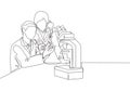 One continuous line drawing of scientist analyze blood sample using laboratory microscope to find covid 19 vaccine