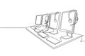 One continuous line drawing of set of customer service equipment, computer, headphone, monitor, keyboard and mouse. Call center