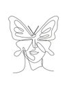 One continuous line drawing sexy woman abstract face with butterfly wings logo. Female portrait minimalist style concept. Cosmetic