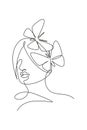 One continuous line drawing sexy woman abstract face with butterfly wings logo. Female portrait minimalist style concept. Cosmetic Royalty Free Stock Photo