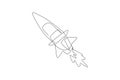 One continuous line drawing of simple retro spacecraft flying up to the outer space nebula. Rocket space ship launch into universe Royalty Free Stock Photo