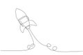 One continuous line drawing of simple retro spacecraft flying up to the outer space nebula. Rocket space ship launch into universe