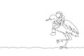 One continuous line drawing of spaceman take a walk riding a heron bird, wild animal in moon surface. Deep space safari journey