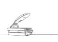 One continuous line drawing of stack of books, ink and quill pen on the office desk. Vintage writing equipment concept single line Royalty Free Stock Photo