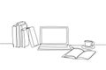 One continuous line drawing of stack of books line up with computer laptop, book and a cup of coffee. Study space desk concept. Royalty Free Stock Photo