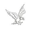 One continuous line drawing of strong eagle for delivery service logo identity. Hawk mascot concept for bird conservative park