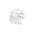 One continuous line drawing of strong eagle head for delivery service logo identity. Hawk mascot concept for bird conservative