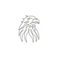 One continuous line drawing of strong eagle head for delivery service logo identity. Hawk mascot concept for bird conservative
