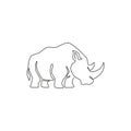 One continuous line drawing of strong white rhinoceros for company logo identity. African rhino animal mascot concept for national