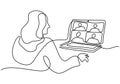 One continuous line drawing of teen girl school student wear headphone and watch video online webinar learn on laptop. Distance E-