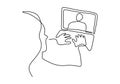 One continuous line drawing of teen girl school student wear headphone and watch video online webinar learn on laptop. Distance E-