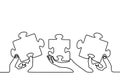 One continuous line drawing of three hands holding puzzle pieces to unite them as sign to start business collaboration. Jigsaw
