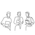 One continuous line drawing of three young man in university. Happy handsome guys is standing pose while holding a book in campus Royalty Free Stock Photo