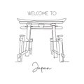 One continuous line drawing Torii Gate landmark greeting. World iconic element in Japanese culture. Holiday vacation wall decor