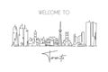 One continuous line drawing of Toronto city skyline, Canada. Beautiful landmark postcard. World landscape tourism travel vacation