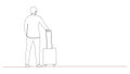 One continuous line drawing of a tourist with luggage is waiting for transport. Traveler with suitcase on vacation Royalty Free Stock Photo