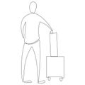 One continuous line drawing of a tourist with luggage is waiting for transport. Traveler with suitcase on vacation Royalty Free Stock Photo