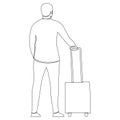One continuous line drawing of a tourist with luggage is waiting for transport. Traveler with suitcase on vacation Royalty Free Stock Photo