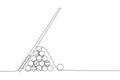 One continuous line drawing of triangle pyramid balls stack for pool billiards game at billiard room. Tournament indoor sport game Royalty Free Stock Photo