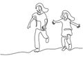 One continuous line drawing of two little girls playing together at field. Two cheerful daughter running around freely and happily