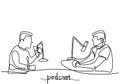 One continuous line drawing of two people in podcast. Young man interviewed other man to give some opinion in podcast or broadcast Royalty Free Stock Photo