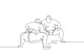 One continuous line drawing of two young big Japanese rikishi men prepare to fight at festival tournament. Traditional sumo sport