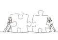 One continuous line drawing of two young businessmen push puzzle pieces to unite them as sign to start business collaboration. Royalty Free Stock Photo