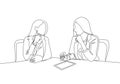 One continuous line drawing of two young happy business woman discussing project contract together during meeting. Business deal