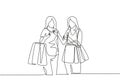 One continuous line drawing two young happy women friend holding paper bags while shopping together. Shopping clothing, dress,