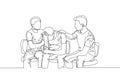 One continuous line drawing of two young male calm down their stressed friend at the sofa after got fired from work. Friendship