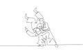 One continuous line drawing of two young men aikido fighter practice fighting train slamming technique at dojo center. Martial art