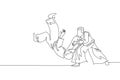 One continuous line drawing of two young men aikido fighter practice sparring fight at dojo training center. Martial art combative