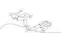 One continuous line drawing of two young sporty Brazilian fighters men training capoeira on the beach. Healthy traditional