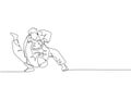 One continuous line drawing of two young sporty men focus training judo technique at sports hall. Jiu jitsu battle fight sport