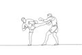 One continuous line drawing of two young sporty men kickboxer athlete training together at gym center. Sparring fight. Combative Royalty Free Stock Photo