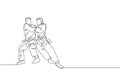 One continuous line drawing of two young sporty men training judo technique at sport hall. Jiu jitsu battle fight sport