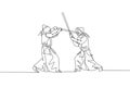 One continuous line drawing of two young sporty men training kendo fighting skill with sparring in dojo center. Healthy martial